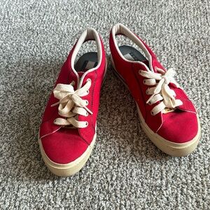 Tommy Hillfiger open heel tenny.  Red. Used but in good condition.  Tie up lace.